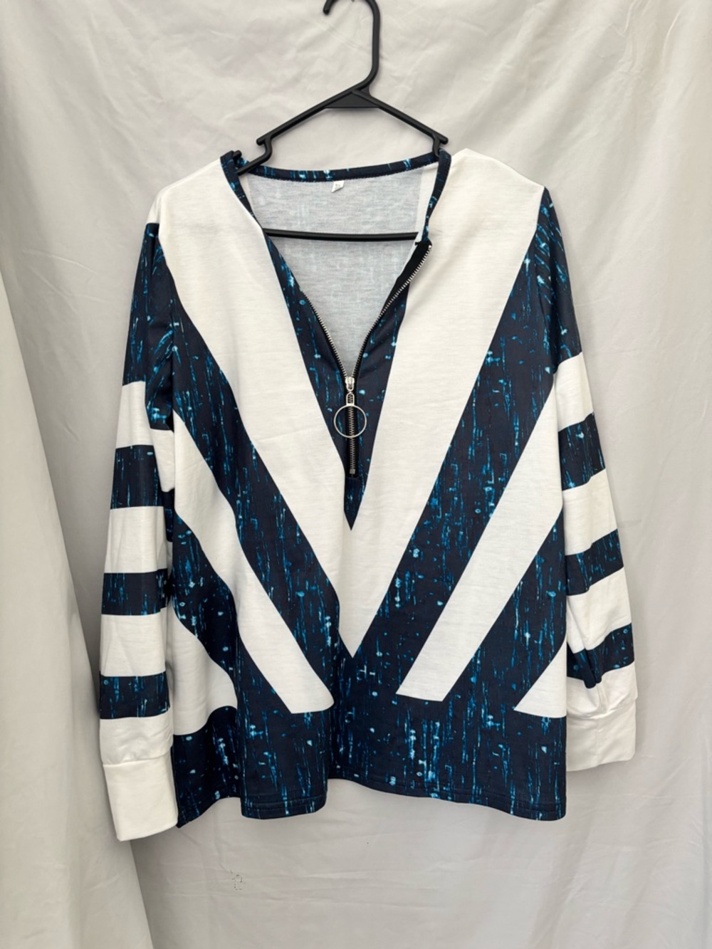 Striped V-Neck Pullover with Zip Accent - White & Navy with Teal Speckle